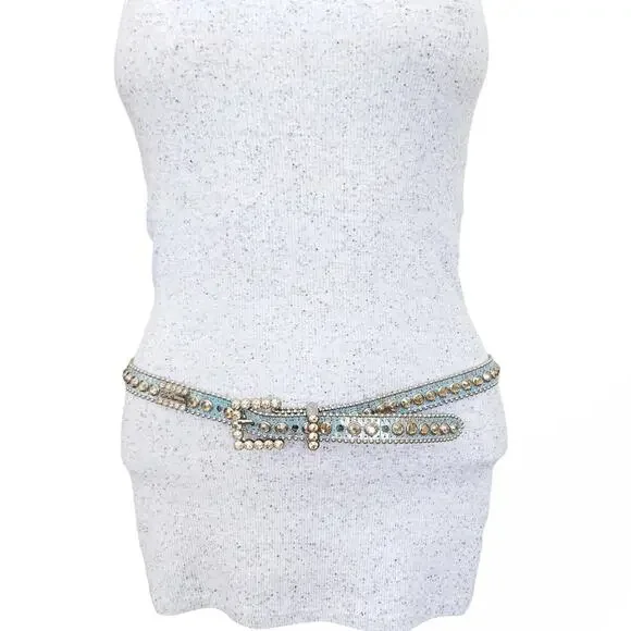 B.B. SIMON Alegra leather skinny Swarovski Crystal skinny belt blue metallic L - Picture 7 of 7